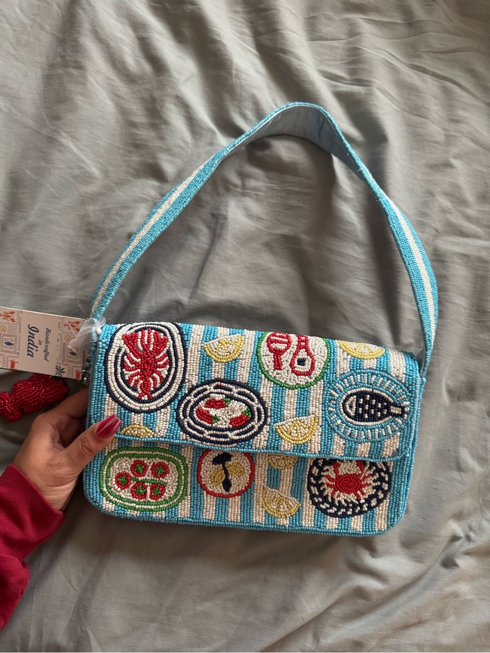 Beaded Shoulder Bag with Sea Food Motifs Handmade in India New with Tags - Picture 3 of 16